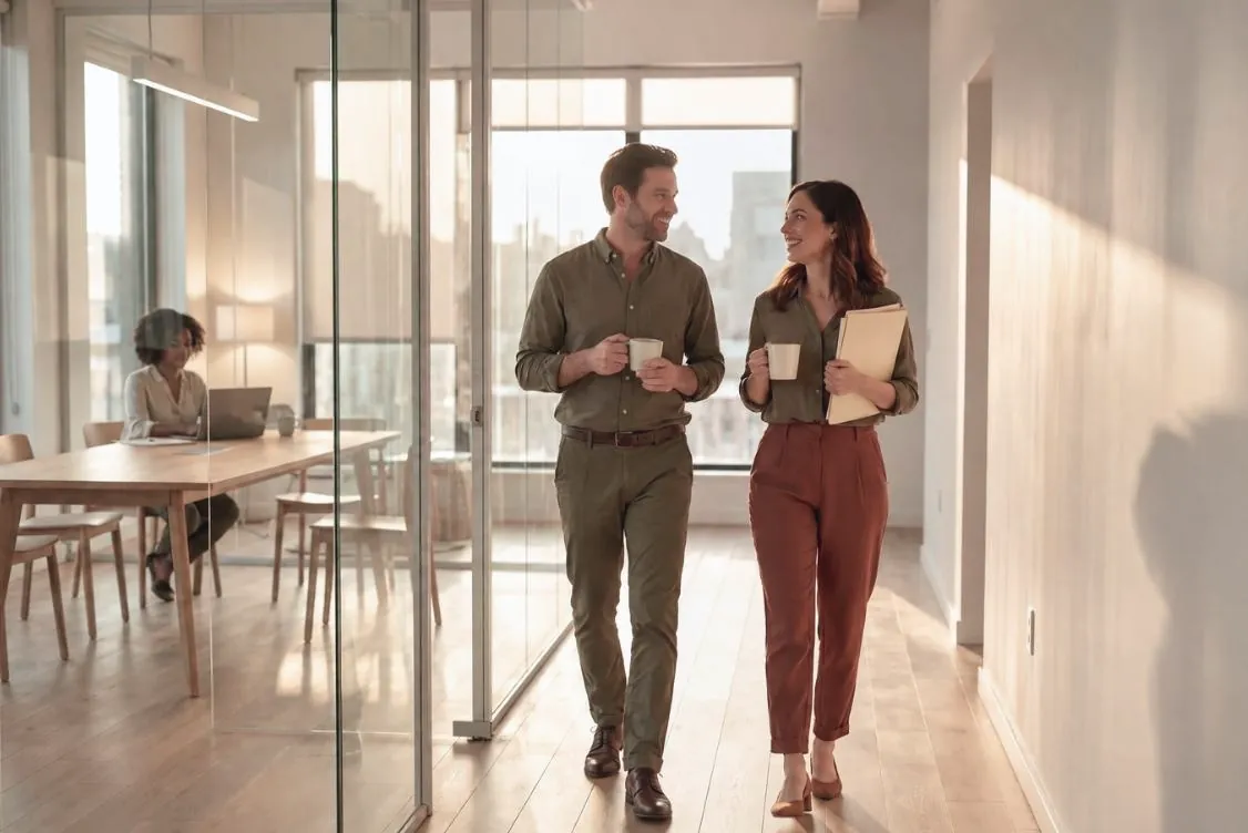 Twee collega's lopen met koffie door de gang en praten met elkaar.